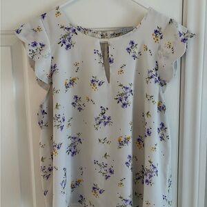 Iris Floral Ruffle Sleeve Blouse in Purple and Yellow